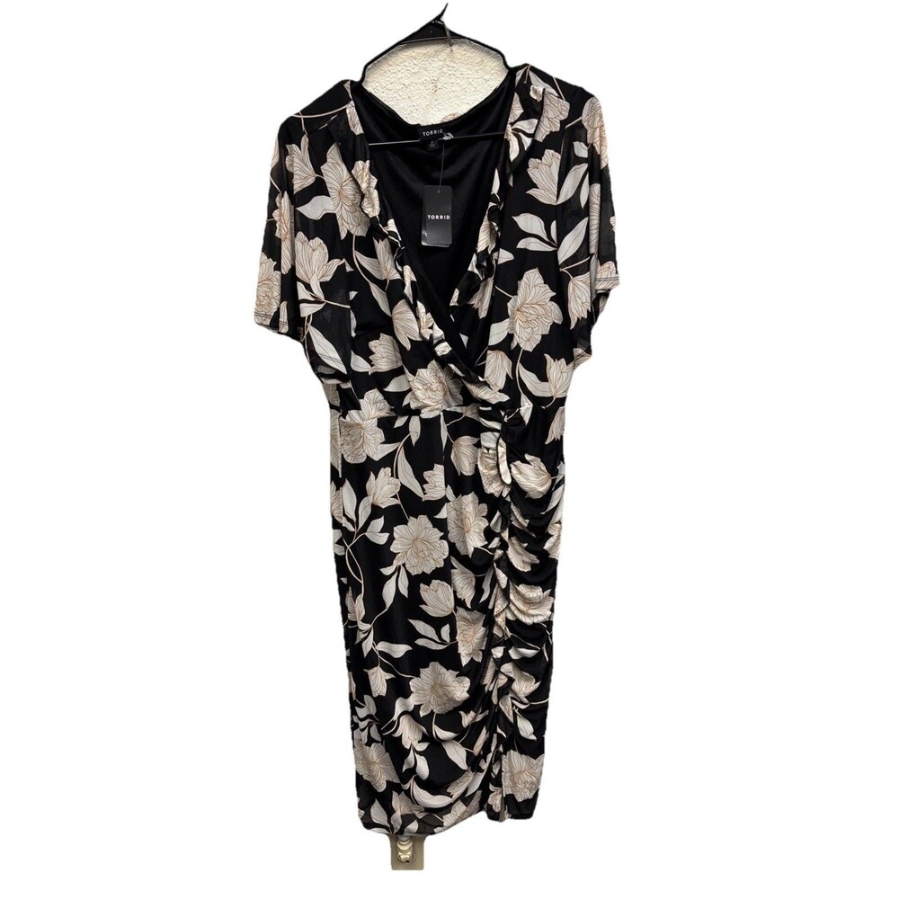 Torrid Dress At The Knee Mesh Surplice Floral Ruffle Slit career work 2 New 2X